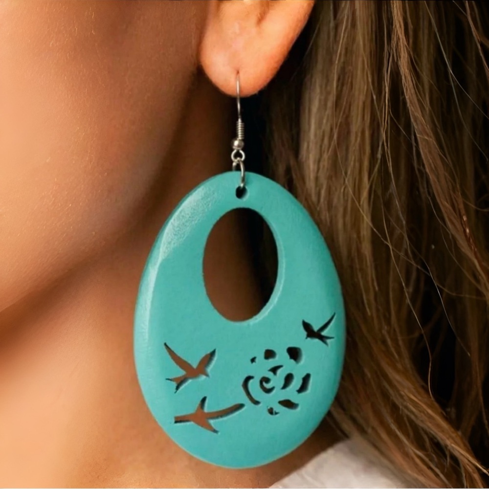 Teal Aqua Cutout Wood Earrings Filigree Birds Flowers Any Occasion